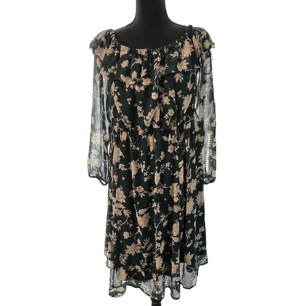 Torrid Emerald Green Grey Floral Sheer Sleeve A‎ Line Dress Sz 1